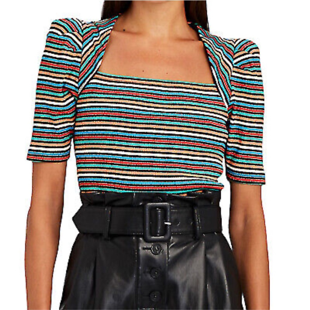 Derek Lam 10 Crosby Jase Striped Ribbed Knit Top Puff Sleeves Size XS